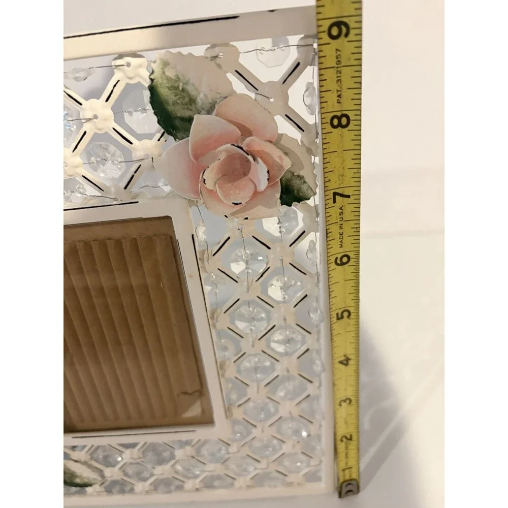 Vintage Interior Accents Shabby  Roses Photo Frame Crystal Beads Metal Floral